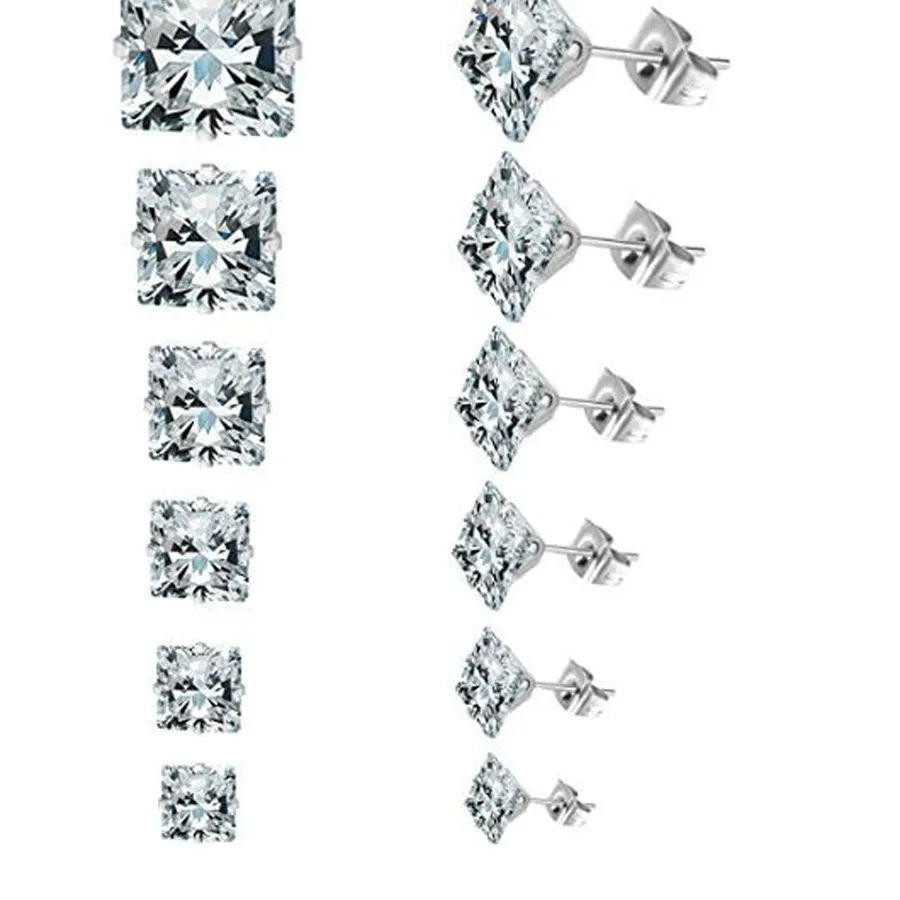 Authentic 1 pair 3mm-8mm Square Zircon Crystal Stud Earrings For Women Wedding Cheap Jewelry Brincos Accessories