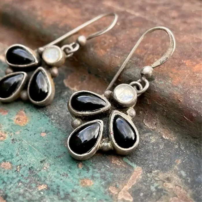 Authentic Bohemian Water Droplet Inlaid with Black Stones Earrings Vintage Silver Color Metal Dangle Earrings for Women Jewelry