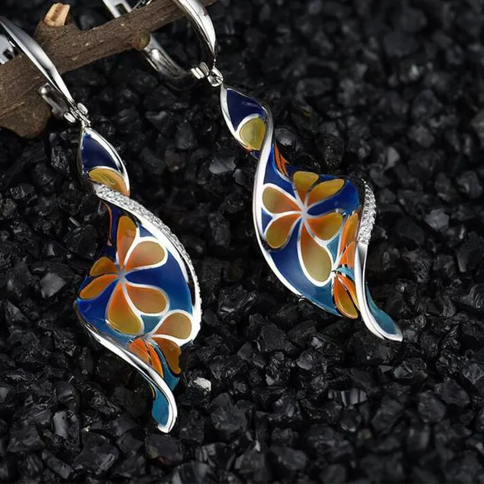 Authentic Vintage Silver Color Metal Inlaid Cubic Zirconia Earrings Ethnic Painted Flower Enamel Dangle Earrings for Women Jewelry