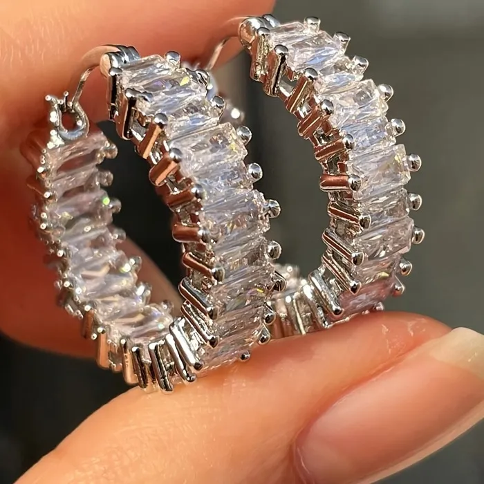 Authentic Exquisite Silver Color Square Inlaid Cubic Zirconia Hoops Women's Earrings Wedding Party Earrings Woman Jewelry