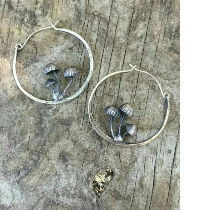 Authentic Vintage Silver Color Mushroom Round Earrings for Women Hoop Jewelry