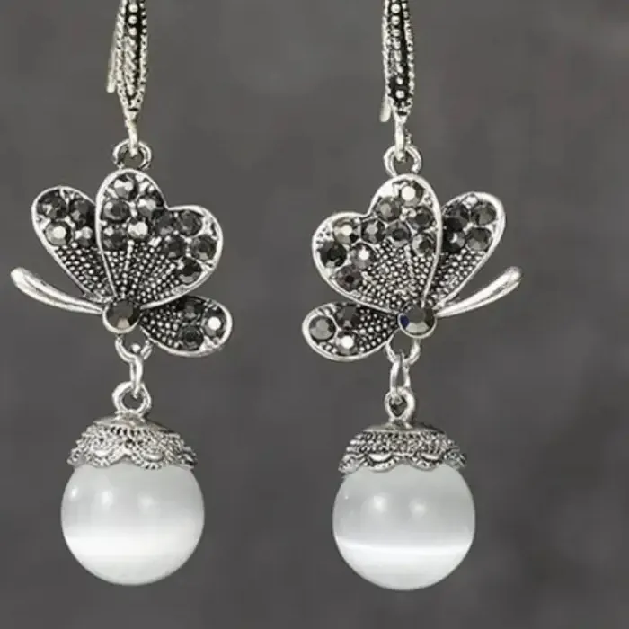 Authentic Faux Pearl Pendant Exquisite Butterfly Design Shiny Rhinestone Inlaid Dangle Earrings Bohemian Style