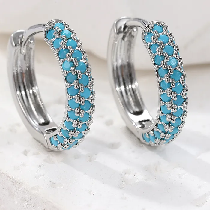 Authentic Classic Silver Color Women's Earrings Inlaid Imitation Turquoise Hoops Earrings Woman Party Jewelry
