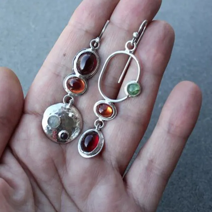 Authentic Vintage Design Silver Color Inlaid with Yellow Red Stone Women's Earrings Ethnic Metal Geometry Dangle Earrings Woman Jewelry
