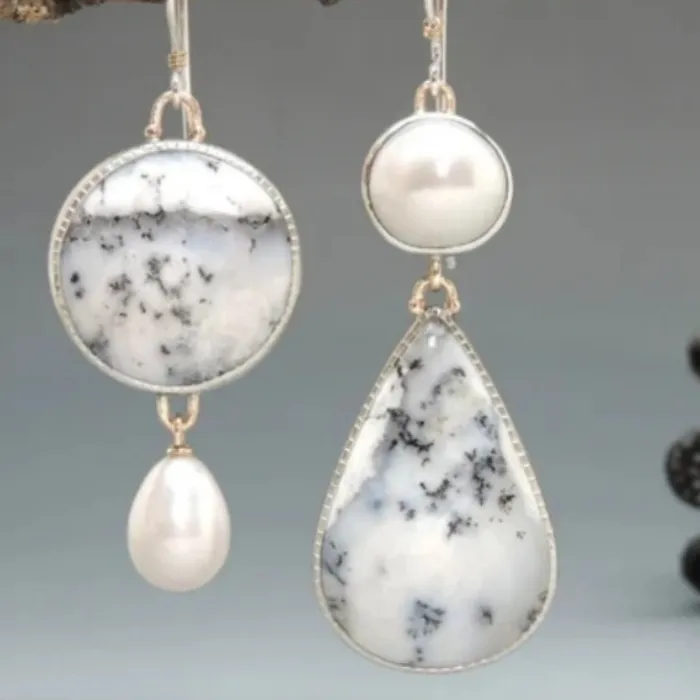 Authentic Vintage Inlaid Imitation Pearl Dangle Women's Earrings Ethnic Silver Color Geometry Pattern Party Jewelry Anniversary