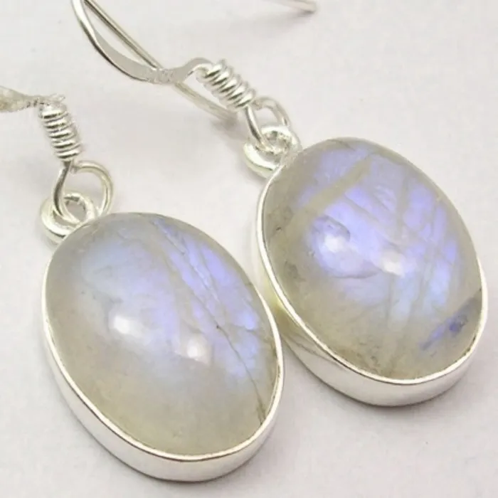 Authentic Simple Fashion Silver Color Metal Oval Inlaid Imitation Moonstone Dangle Earrings for Women Jewelry