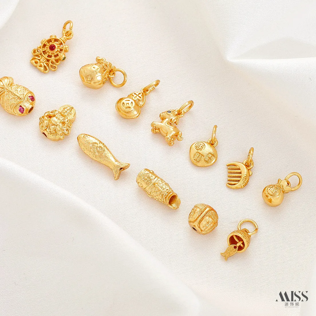 Authentic 24K Gold Plated Four-faced Buddha, Fish, Horse, Money Bag, Comb Pendant, Spacer Beads, DIY Jewelry Accessories