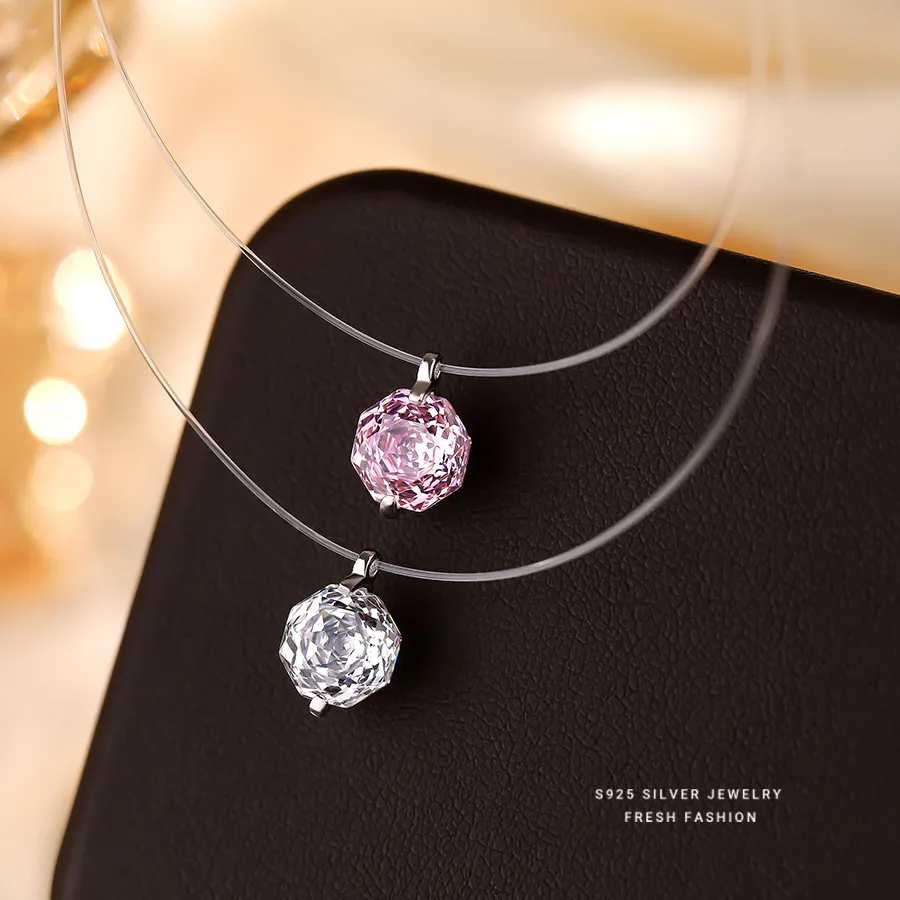 Authentic 1CT Moissanite Pendant Necklaces Lab Diamond D VVS1 Choker Transparent Fishing Line Chain Jewelry Colar de Prata