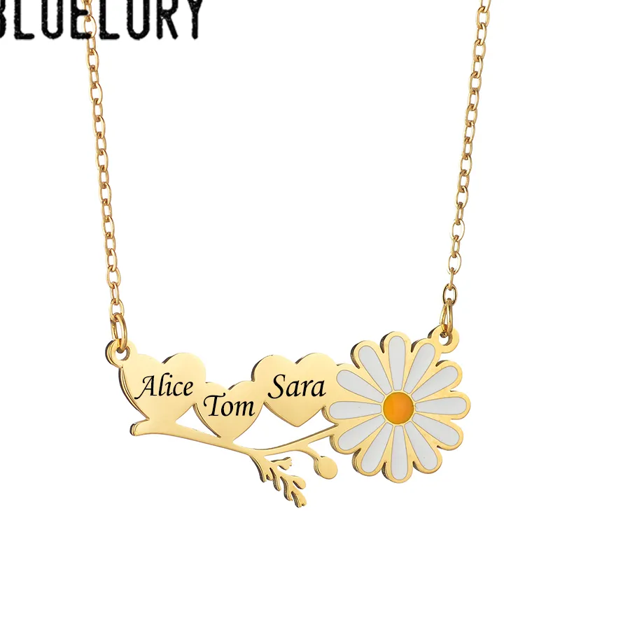 Authentic Bluelory Small Daisy Flower Custom Engraved Name Heart Necklace Diy For Mom Couple Anniversary Jewelry