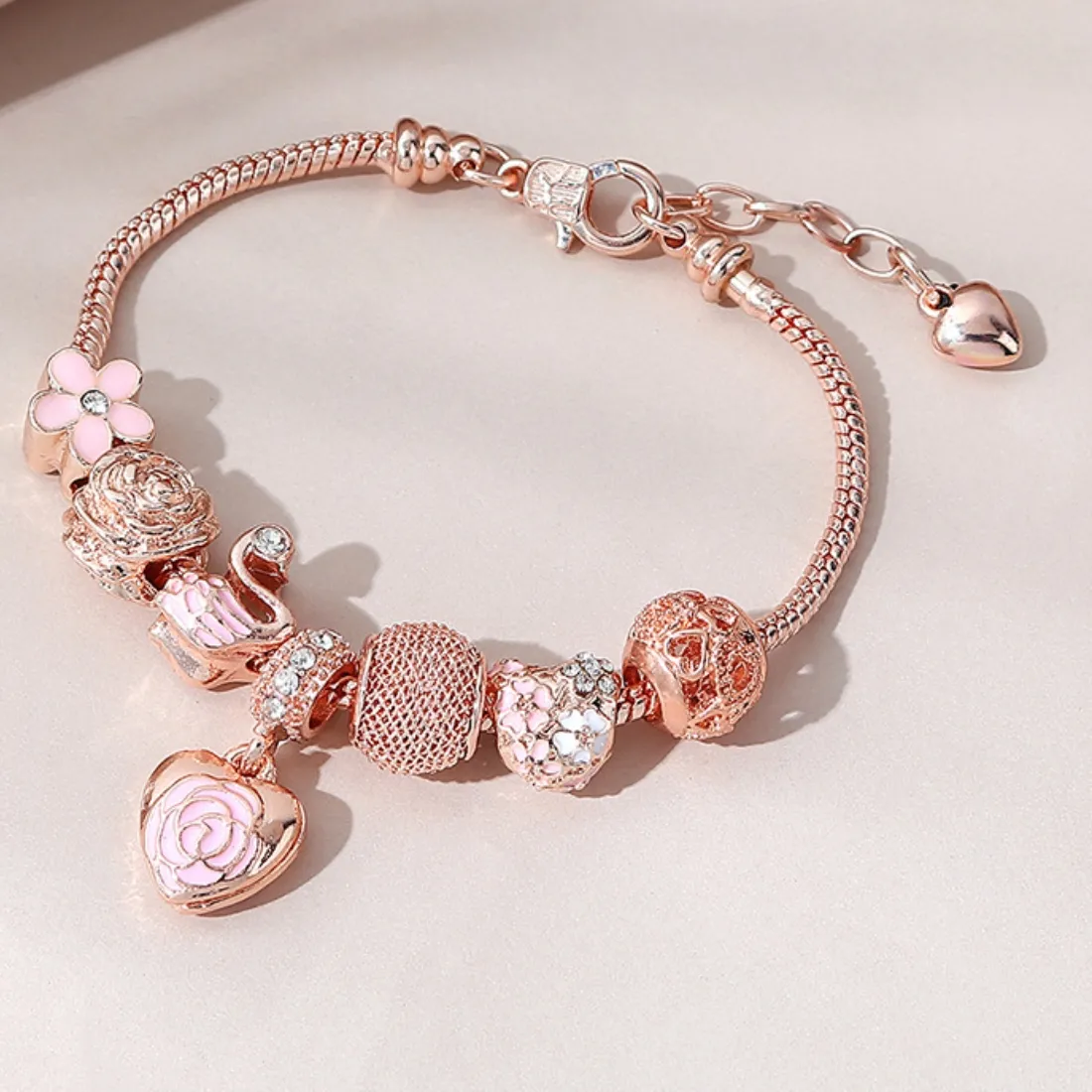 Authentic The Celestial Swan and Rose Heart Charm Bracelet