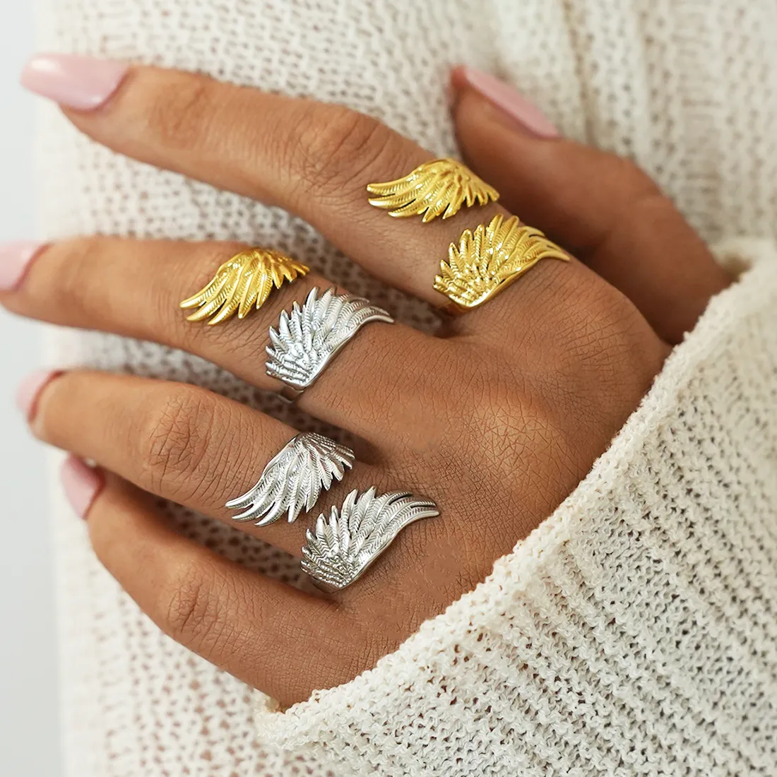 Authentic 18K Gold Plated Peace Dove Wings Feathers Open Ring Women Niche Light Luxury Anti Allergic Women's Jewelry