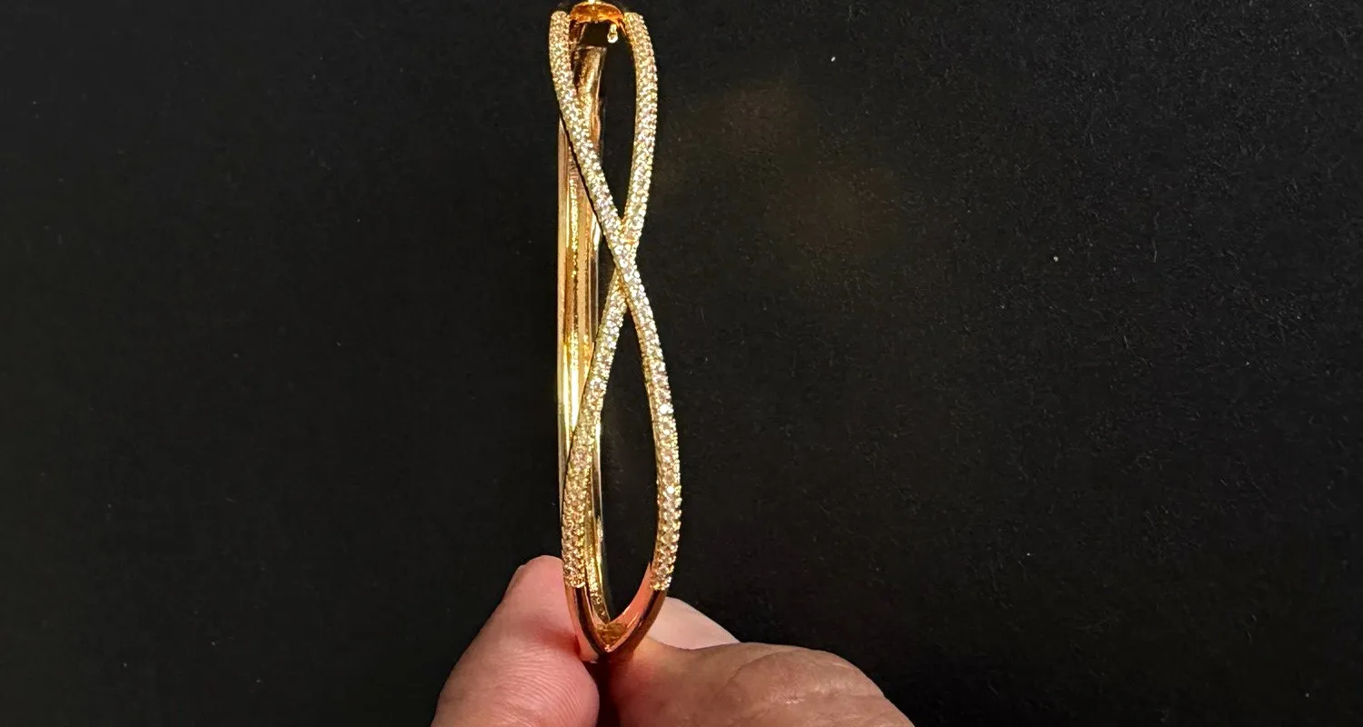 Authentic 14K Gold Plated Criss Cross Infinity Bangle Bracelet Hinged Clear Rhinestones