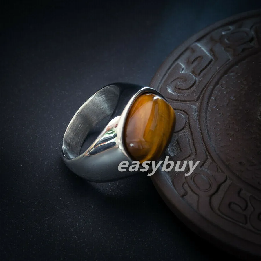 Authentic 2 Colors Man Gold Plated Solid Tiger Eye Oval Stone Band Ring