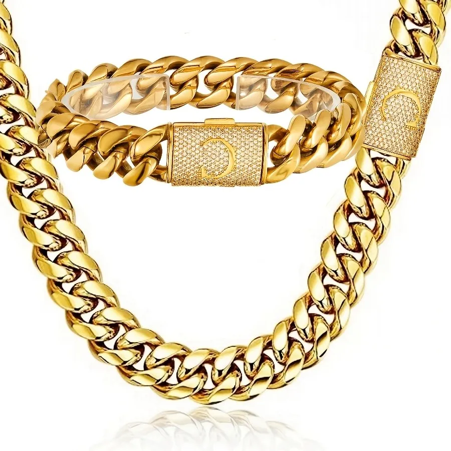 Authentic 2pcs Men's Miami Cuban Link Necklace & Bracelet Set 18K Gold Plated
