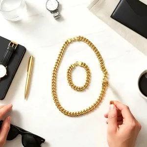 Authentic 14K Gold Plated Stainless Miami Cuban Link Set Unisex