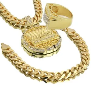 Authentic Gold Plated Ring / Last supper Pendant Miami Cuban Chain Bracelet Cubic Zirconia