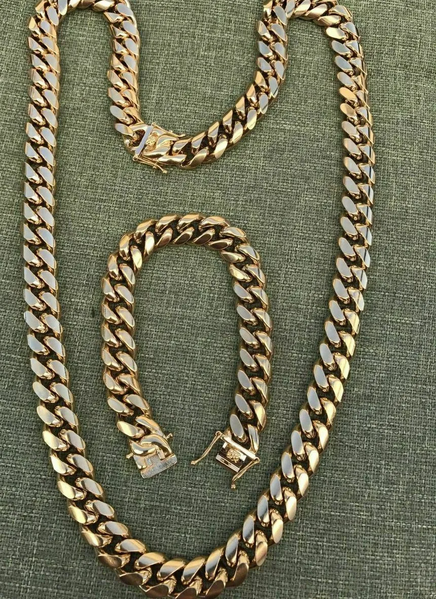 Authentic 14mm Men's Miami Cuban Link Bracelet & Chain Set 18k Gold Plated Stainless Steel