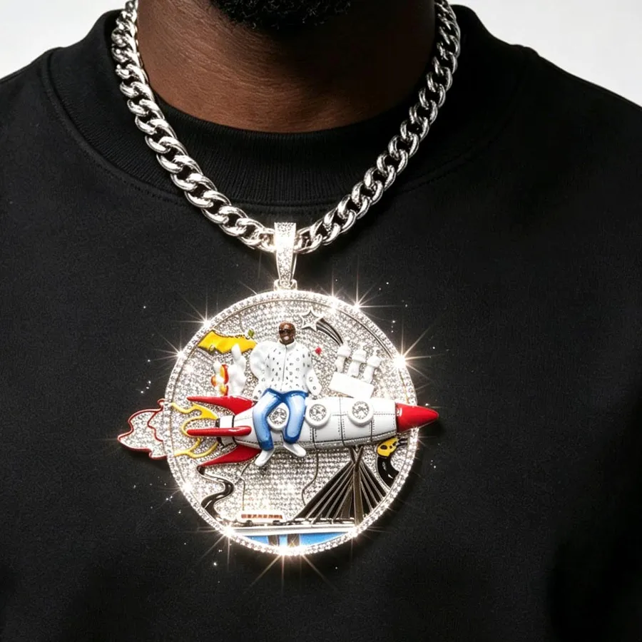 Authentic Full Diamond 3D Rocket Necklace Pendant Hip-hop White Airplane Iced Out 5A CZ Men Rapper Jewelry Gift Cuban Chain Accessories