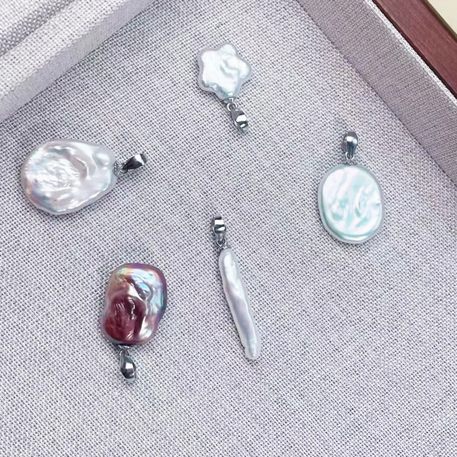 Authentic Elliptical Square Long Strip Pentagram Baroque Freshwater Pearl Pendant 925 Sterling Silver Charms DIY Women Pendant Necklaces