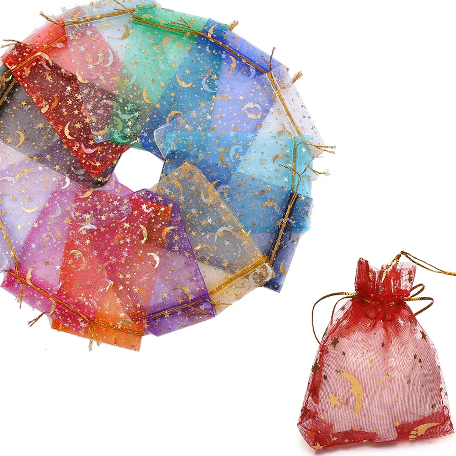 Authentic 50pcs/Lot 7x9 9x12 10x15 13x18cm Printing Star Moon Christmas Organza Sack Drawstring Charm Packaging Bags Daily Jewelry Making