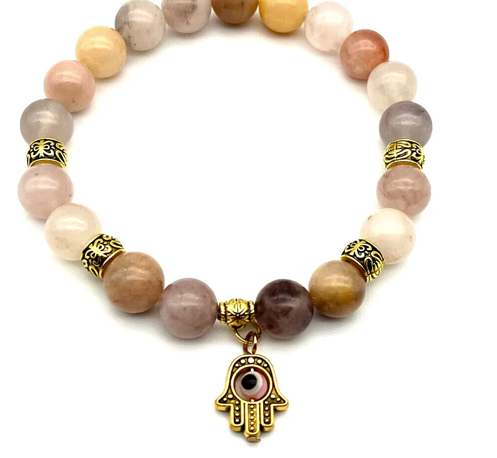 Authentic Handmade 10mm Lavender Quartz Gemstone Bracelet, Gold Plated Evil Eye Hamsa Hand