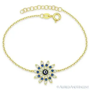Authentic Evil Eye Bead Mayan Sun Charm Greek Turkish Nazar Hamsa Sterling Silver Bracelet