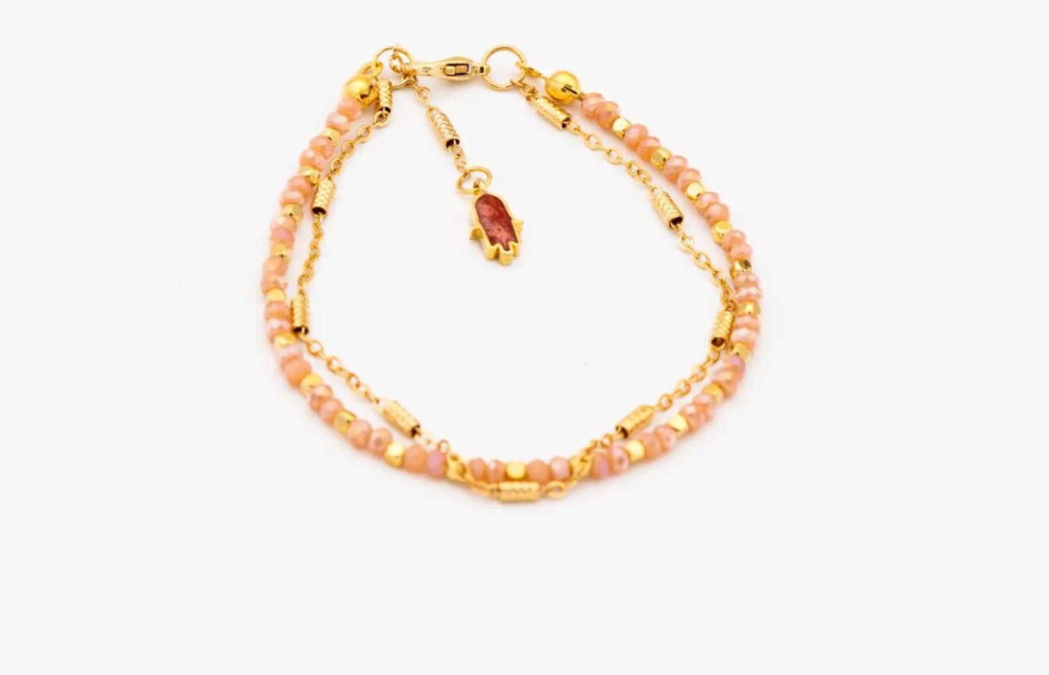 Authentic SALMON CRYSTAL GOLD PLATED DOUBLE BRACELET WITH HAMSA HAND WOMEN