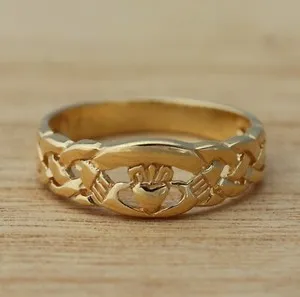 Authentic Yellow Gold Plated on Real 925 Sterling Silver Celtic Claddagh Band Ring Boxed