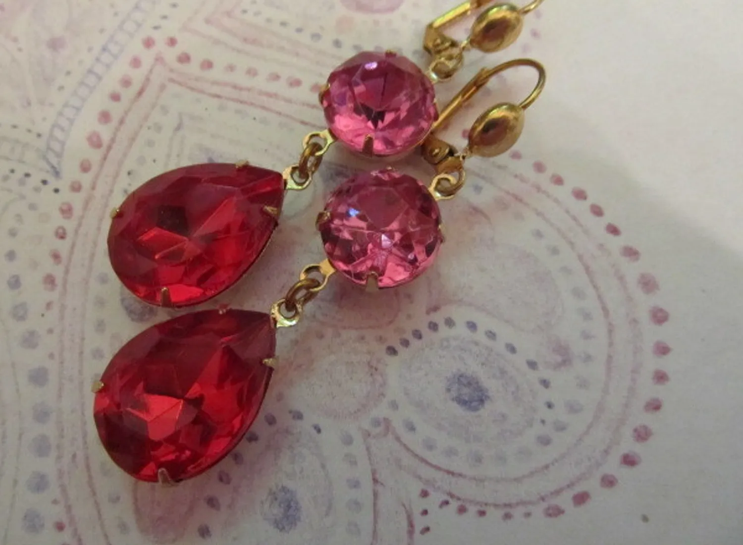 Authentic Gold Plated USA Made Brass Round Pink & Red Teardrop Earrings Sparkly