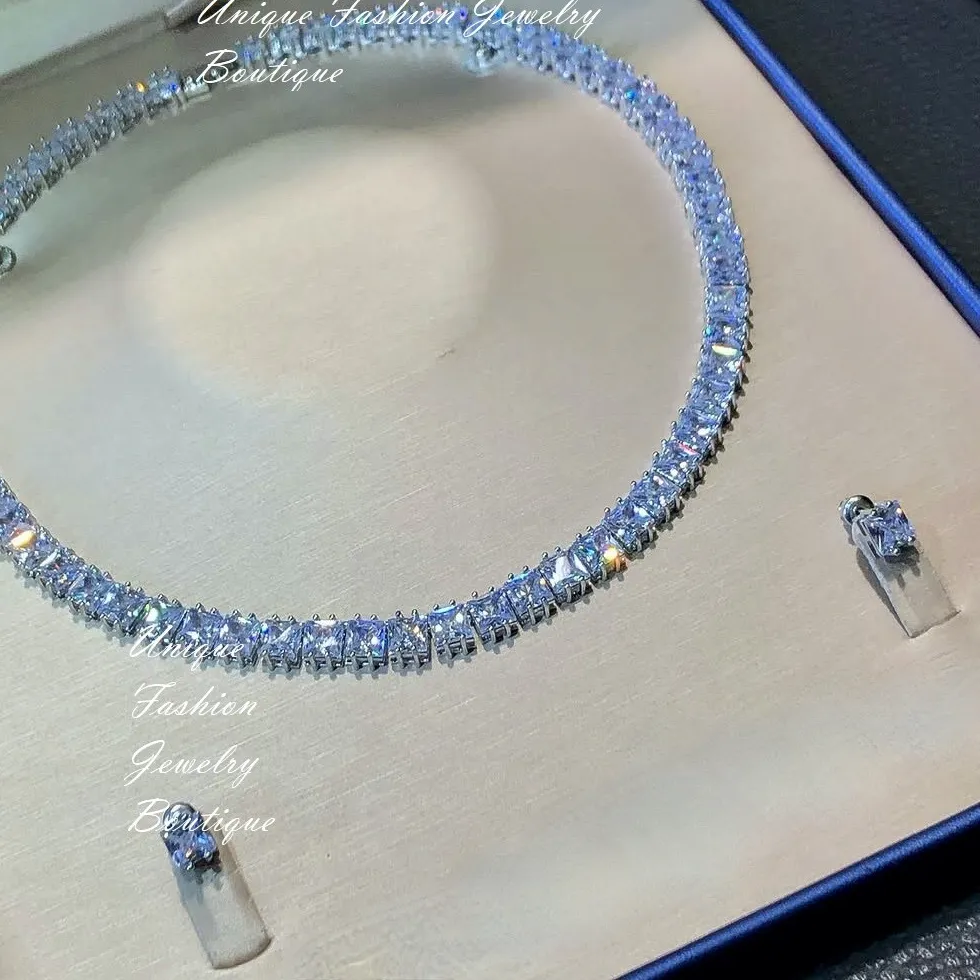 Authentic 18K White Gold Plated made w Swarovski Crystal Tennis Necklace Earrings Gift Set