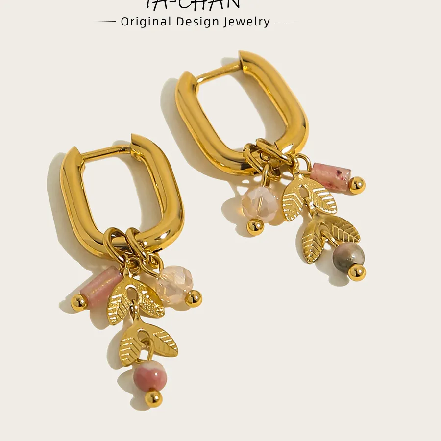 Authentic YACHAN New In 18K Gold Plated Stainless Steel Hoop Earrings for Women Cute Pink Crystal Natural Stone Charms Trendy Jewelry