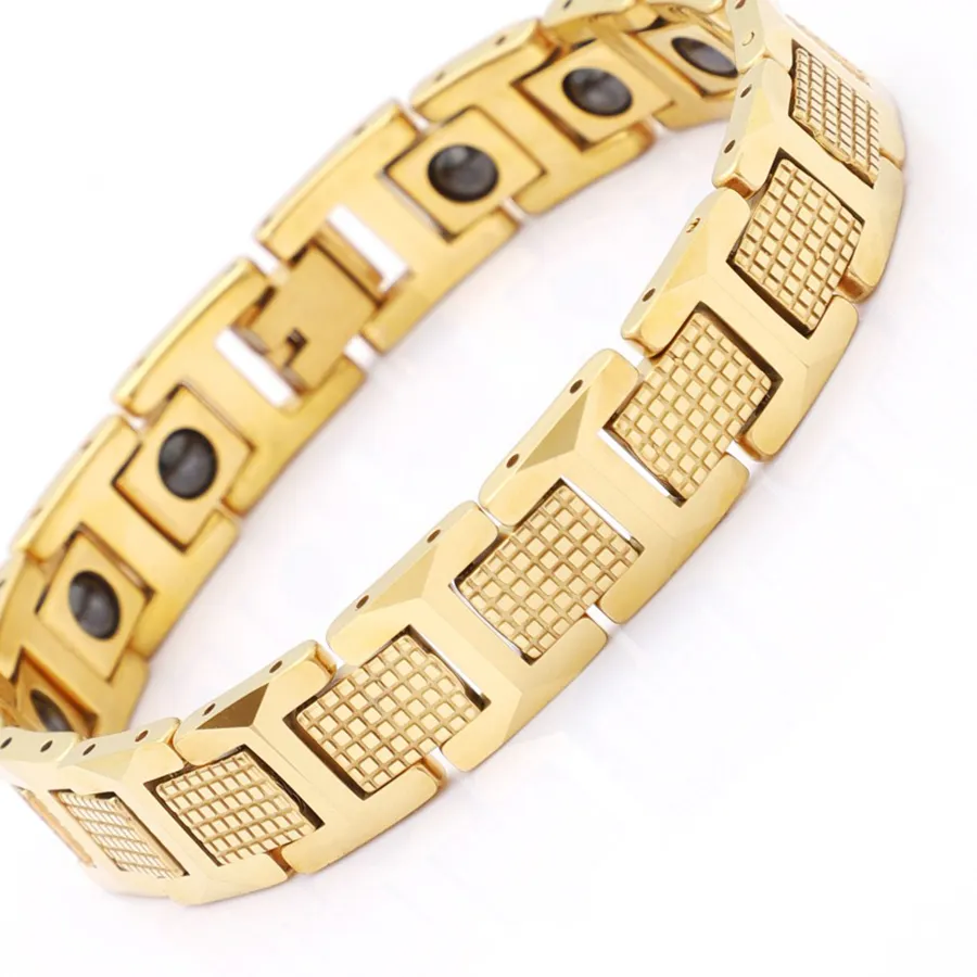 12Mm Punk Gold Color Germanium Stone Magnet Health Bracelet Hiphop Black Bike Magnetic Bangle Jewelry