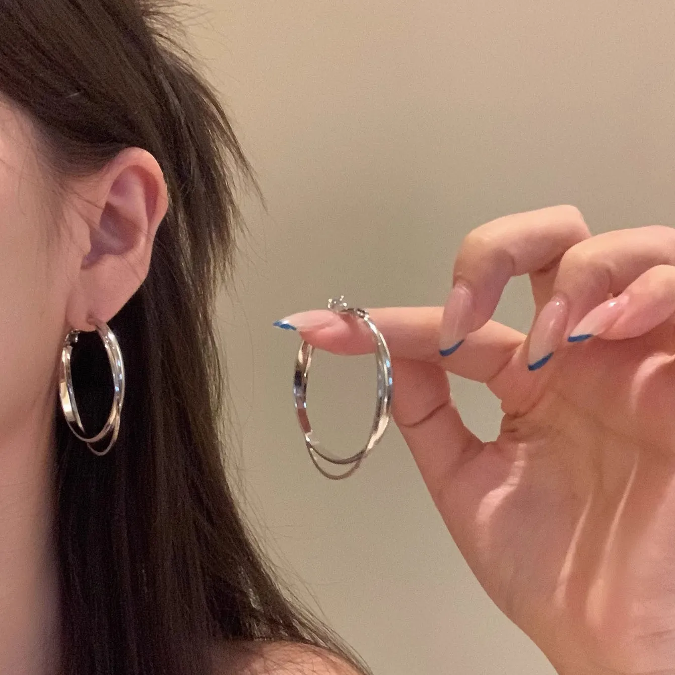 Authentic Twisted Double Layer Hoop Earrings, Silver Two Interlocked Circle Loop Earrings, Minimalist Textured Large Hoop Ear Jewelry, Dainty Chunky Stack Circle Ear Studs