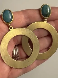 Authentic SHEILA FAJL THAILAND Brushed Gold Plated and Green Glass Earrings Vintage  2.5”