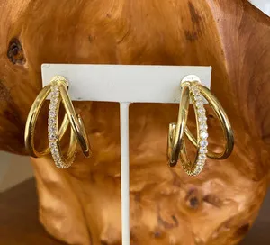 Authentic Sheila Fajl Claire CZ Hoops Triple-Hoop Earrings 1.5" Long Gold Plated Pierced