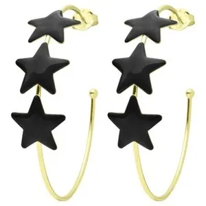 Authentic Sheila Fajl Silvina Star Style Gold Plated Hoop Earrings in Black Resin NEW