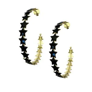 Authentic Sheila Fajl Small Corona Star Hoops in Black Resin and Gold Plated