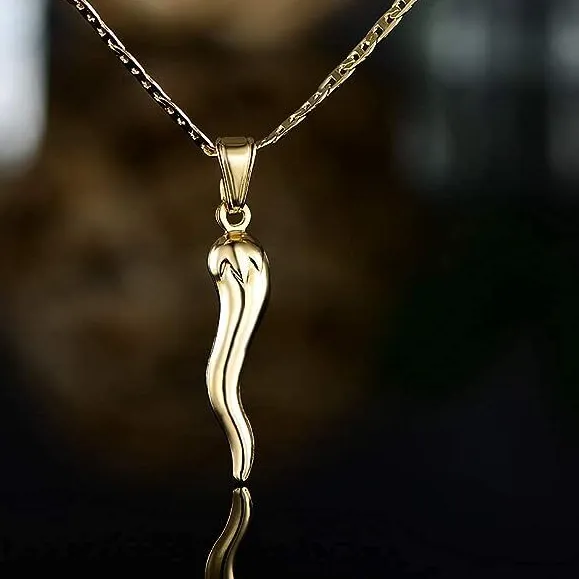 Authentic 18K Gold Plated Flat Marina Chain With Italian Horn Necklace Made In Brazil 2023