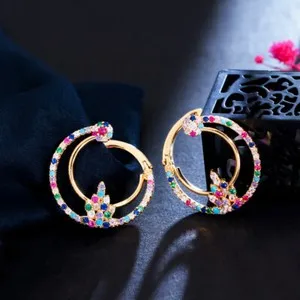Authentic Yellow Gold Plated CZ Double Circle Hoop Earring 2023 New Arrivals Party Jewelry