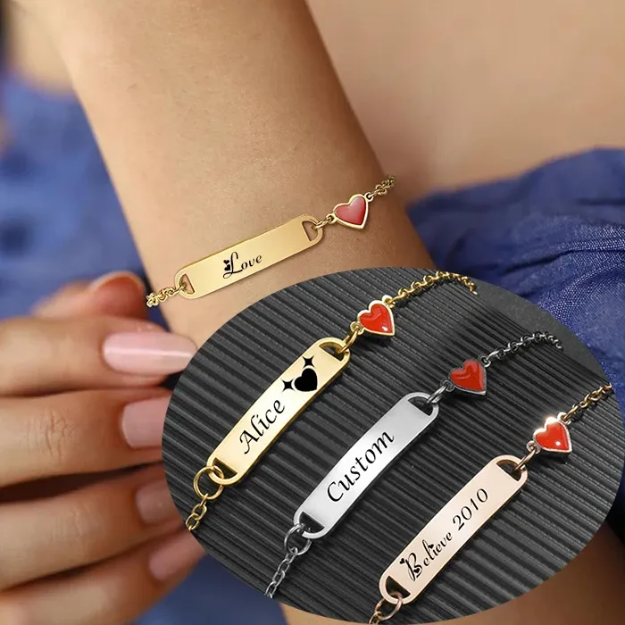 Authentic Customized Heart Name Bracelet for Children Gift Stainless Steel Anti-lost ID Bracelet Personalized Birthday Jewelry Gift 2023
