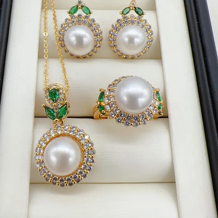 Authentic 2023 New Pearl Jewelry Sets Shiny Zircon Diamond 14K Gold Filled Real Natural Freshwater Pearl Necklace Earrings Rings For Women