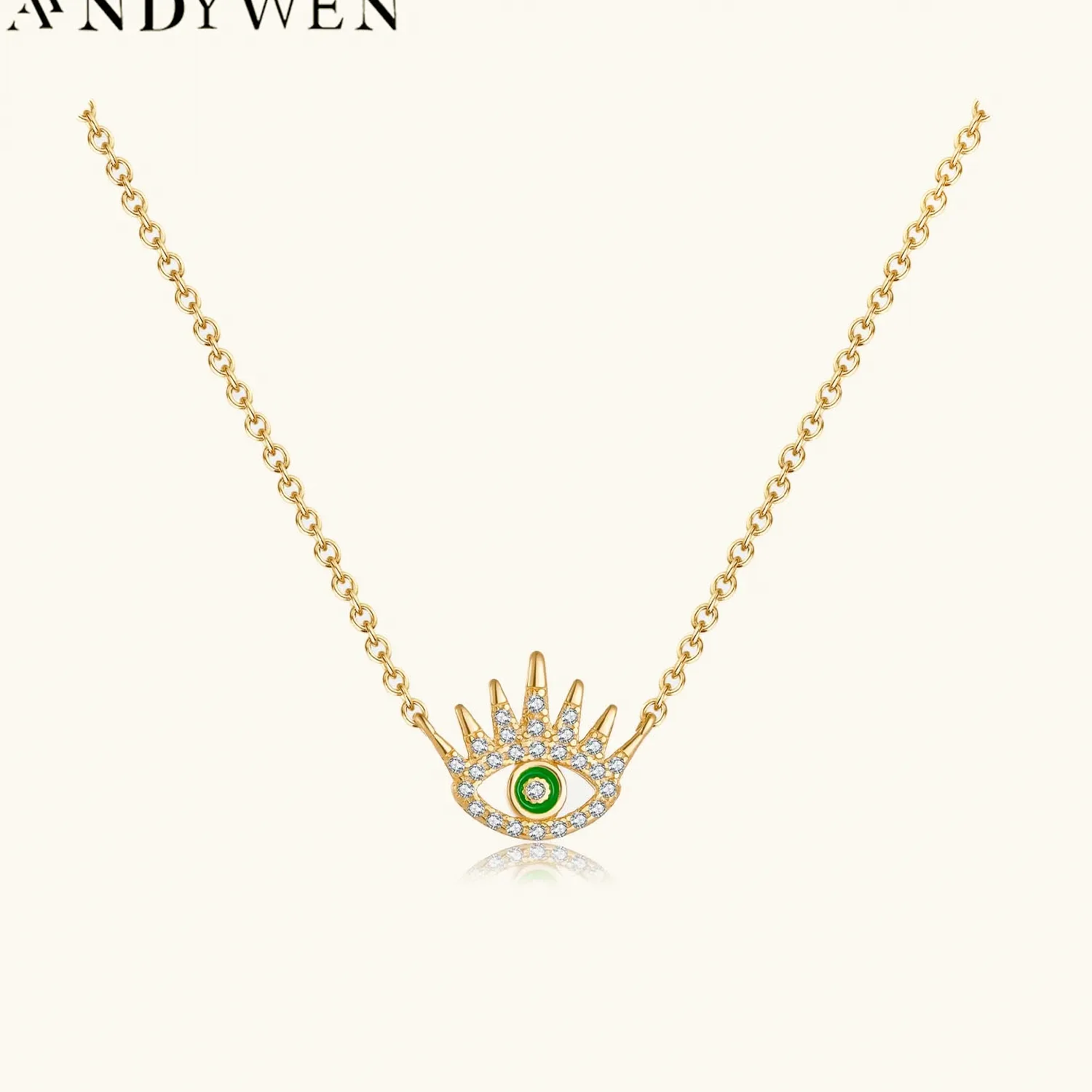 Authentic ANDYWEN 925 Sterling Silver Gold Happy Evil Eye Green Pendant Long Chain Necklace 2023 Women luxury Fine Jewelry Spring