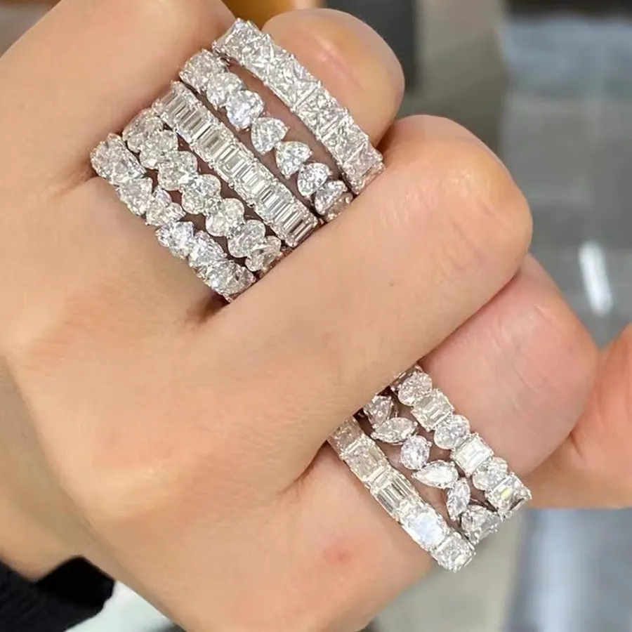 Authentic 2023 New Arrivals Luxury Princess Emerald Cut 925 Sterling Silver Eternity Band Ring for Wedding Women Party Gift Jewelry