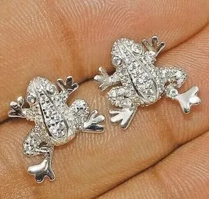 Authentic Leap into Serenity: 1 Ct Round Natural Moissanite Frog Studs in 14K White Gold Plating