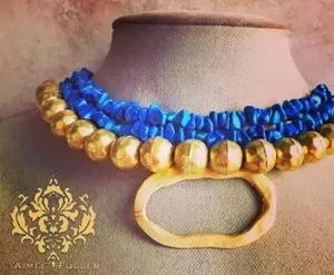 Authentic Blue Jade Guardian: 22k Matte Gold Plated African Statement Necklace