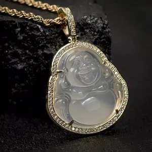 Authentic Real Moissanite White Jade Mini Buddha Pendant Necklace 14K Yellow Gold Plated