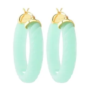 Authentic Far East Jewelry 14K Gold Plated 38x8mm Carved Jade 1.5" Hoop Earrings
