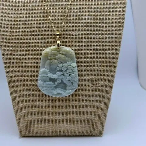 Authentic Carved Green Jade Landscape Pendant Necklace with 24K gold plated chain