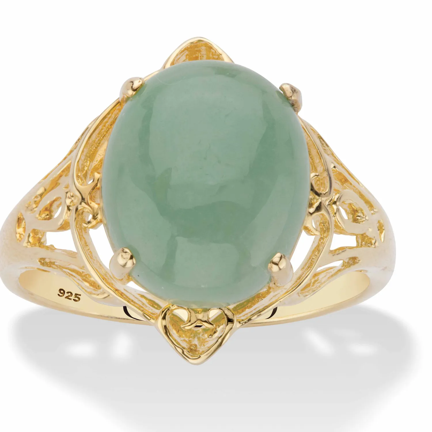 Authentic Oval Genuine Green Jade 14k Gold-plated Sterling Silver Scrolled Cabochon Ring