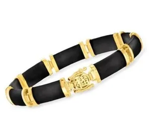 Authentic Jade, Agate  "Good Fortune" Bracelet in 18K Gold-Plated Silver Noodle Link NWT